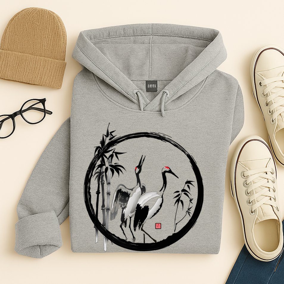 Japanese Ink Painting Cranes Bamboo Birds Hoodie