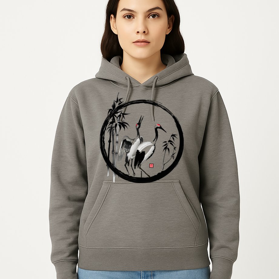 Japanese Ink Painting Cranes Bamboo Birds Hoodie