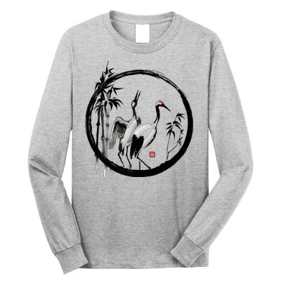 Japanese Ink Painting Cranes Bamboo Birds Long Sleeve Shirt