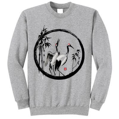 Japanese Ink Painting Cranes Bamboo Birds Sweatshirt