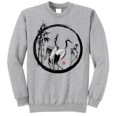 Japanese Ink Painting Cranes Bamboo Birds Sweatshirt