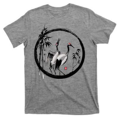 Japanese Ink Painting Cranes Bamboo Birds T-Shirt