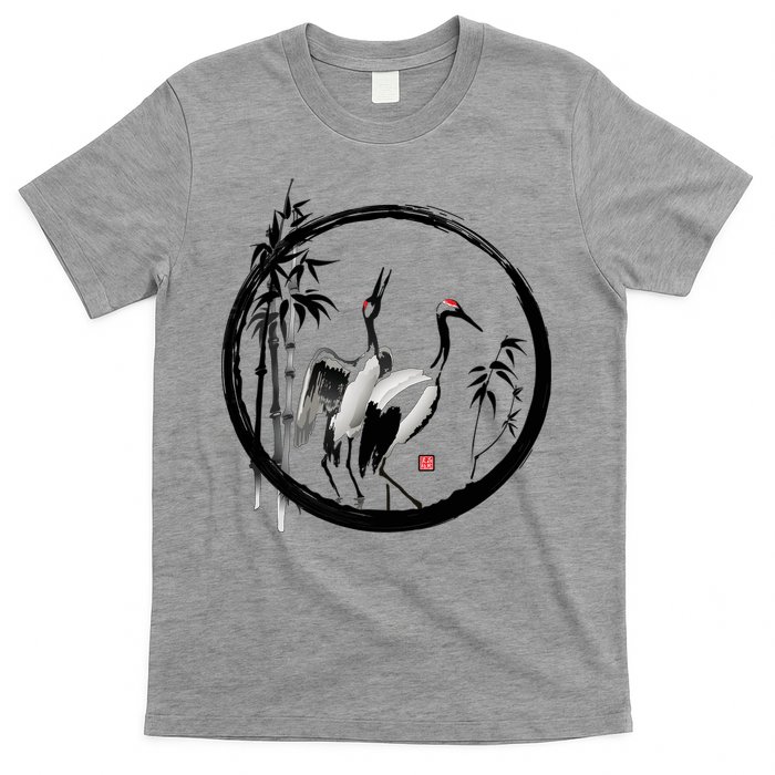 Japanese Ink Painting Cranes Bamboo Birds T-Shirt