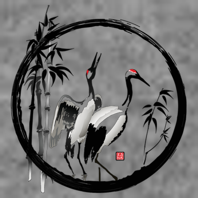 Japanese Ink Painting Cranes Bamboo Birds T-Shirt