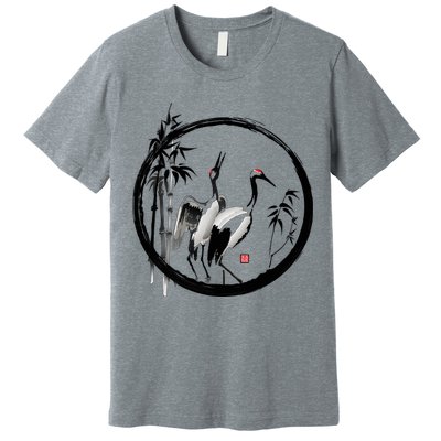 Japanese Ink Painting Cranes Bamboo Birds Premium T-Shirt