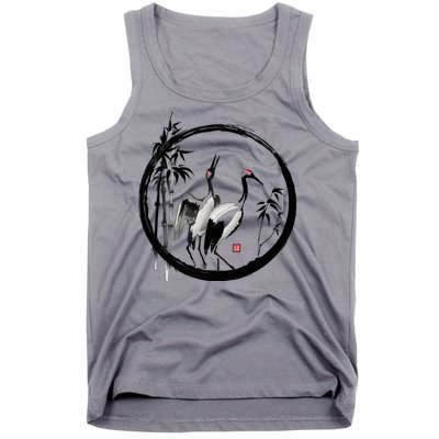 Japanese Ink Painting Cranes Bamboo Birds Tank Top