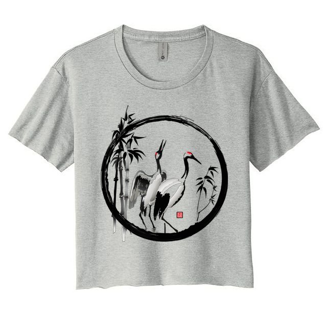 Japanese Ink Painting Cranes Bamboo Birds Crop Top