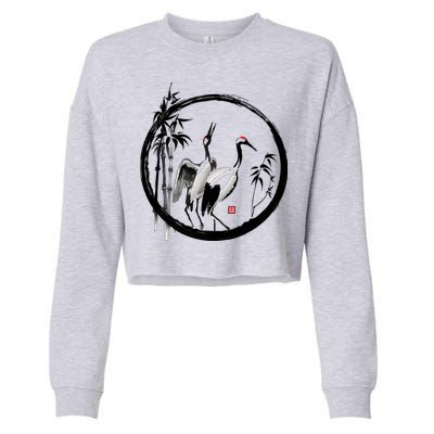 Japanese Ink Painting Cranes Bamboo Birds Cropped Pullover Crew