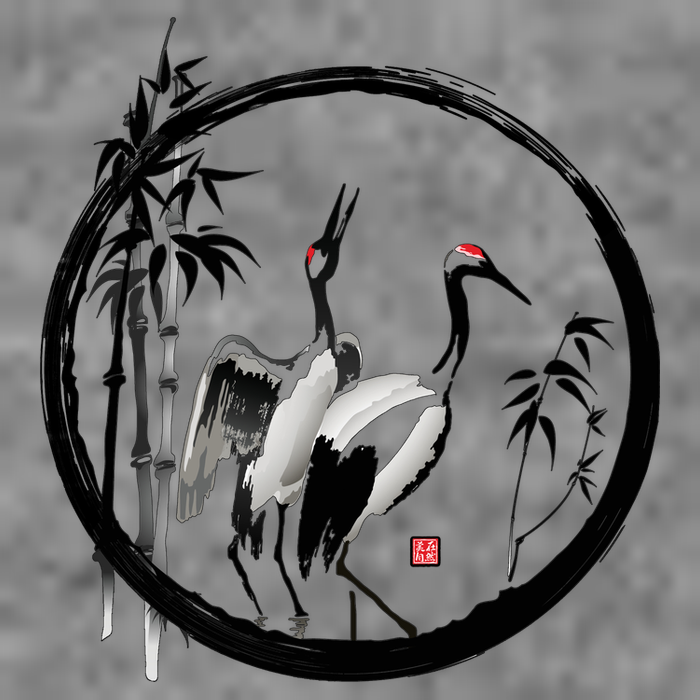 Japanese Ink Painting Cranes Bamboo Birds Full Zip Hoodie