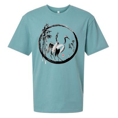 Japanese Ink Painting Cranes Bamboo Birds Sueded Cloud Jersey T-Shirt