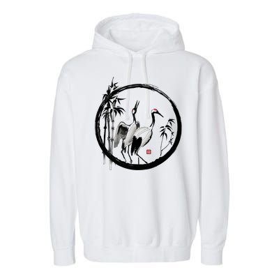 Japanese Ink Painting Cranes Bamboo Birds Garment-Dyed Fleece Hoodie