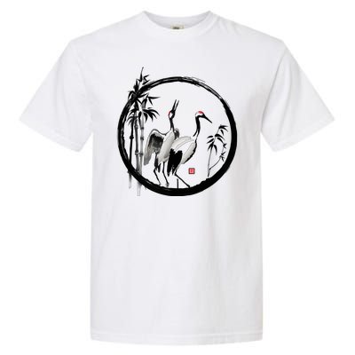 Japanese Ink Painting Cranes Bamboo Birds Garment-Dyed Heavyweight T-Shirt