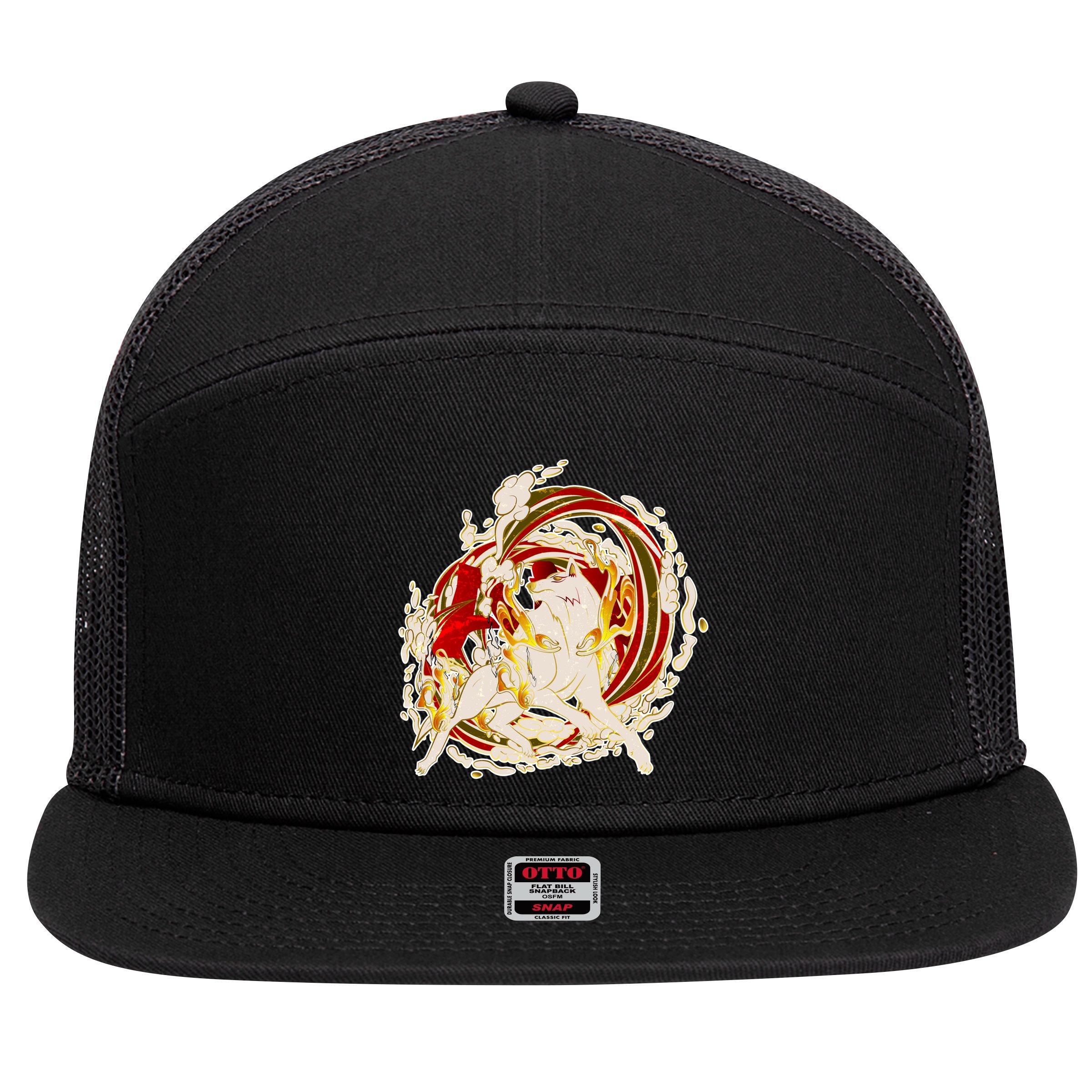 Japanese Mythology Okami Wolf 7 Panel Mesh Trucker Snapback Hat