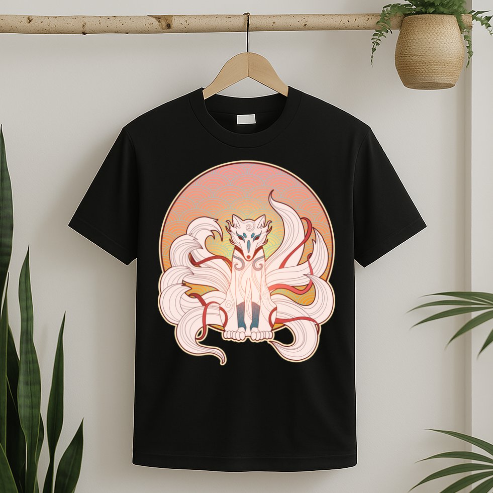 Japanese Nine Tails Kitsune Fox Emblem Pattern T-Shirt