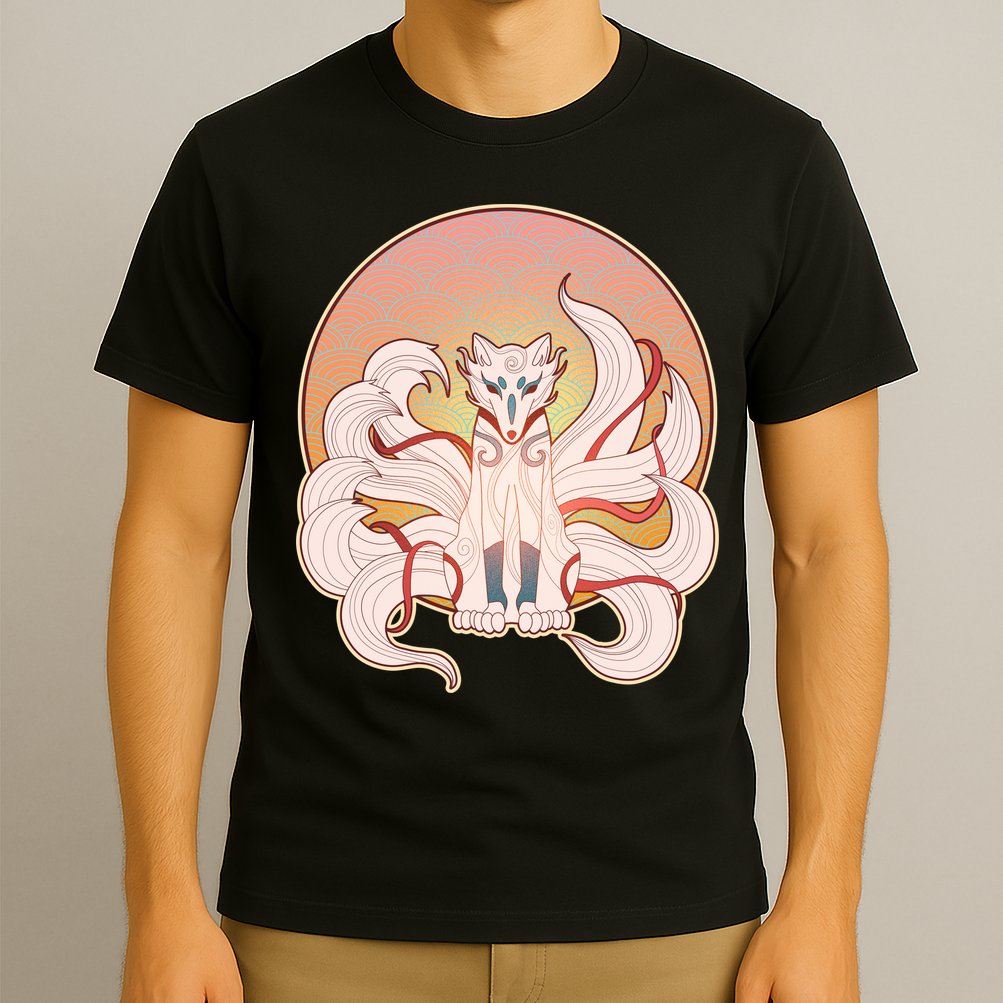 Japanese Nine Tails Kitsune Fox Emblem Pattern T-Shirt