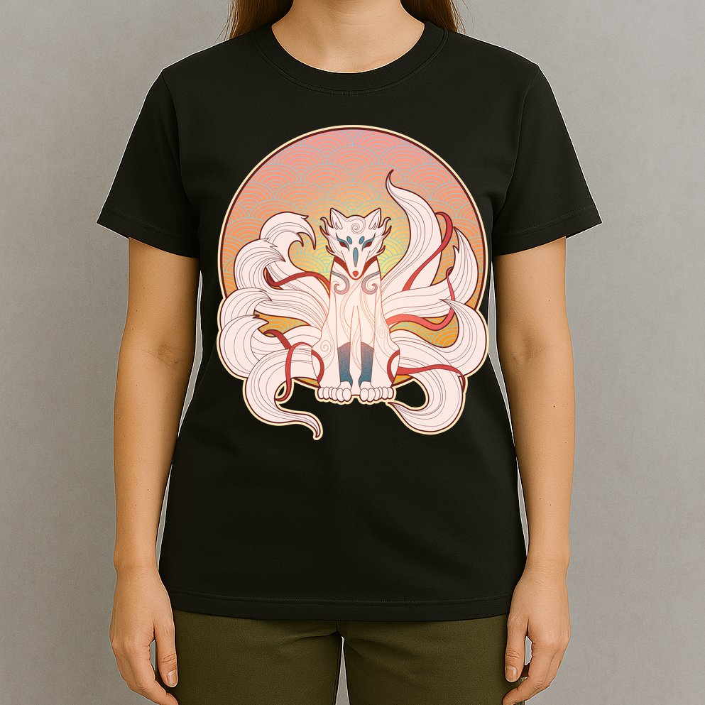 Japanese Nine Tails Kitsune Fox Emblem Pattern T-Shirt