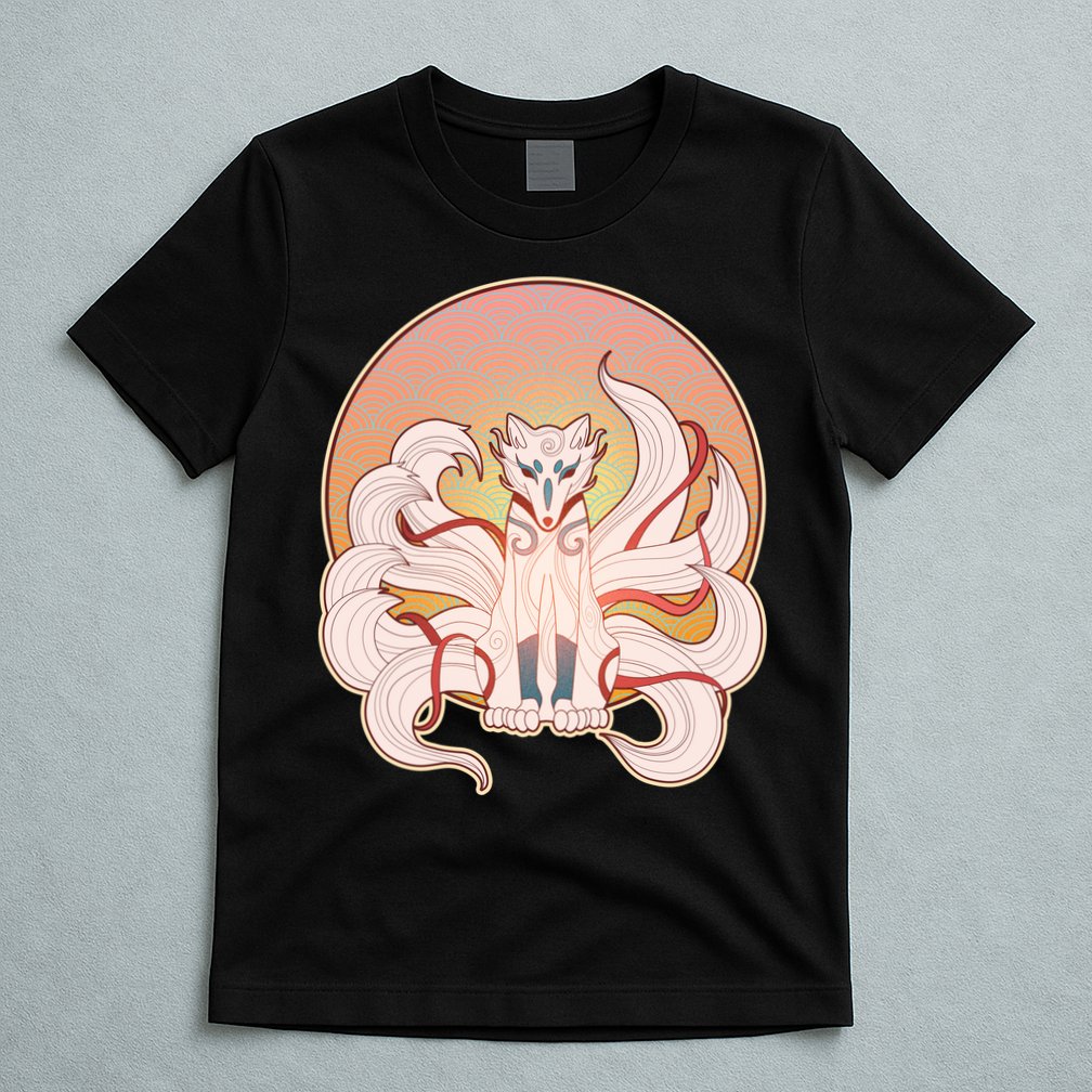 Japanese Nine Tails Kitsune Fox Emblem Pattern T-Shirt