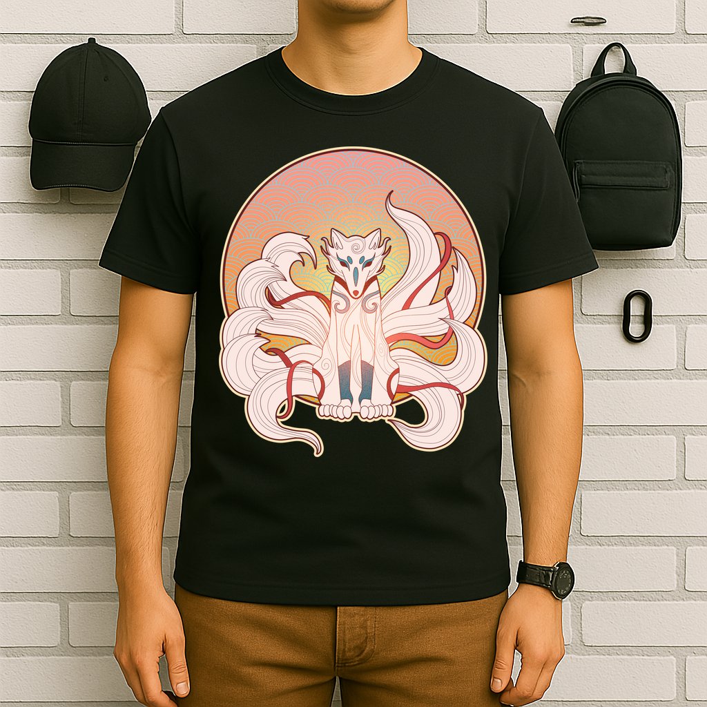 Japanese Nine Tails Kitsune Fox Emblem Pattern T-Shirt