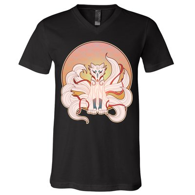 Japanese Nine Tails Kitsune Fox Emblem Pattern V-Neck T-Shirt