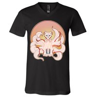 Japanese Nine Tails Kitsune Fox Emblem Pattern V-Neck T-Shirt