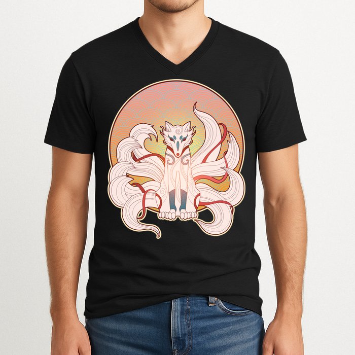 Japanese Nine Tails Kitsune Fox Emblem Pattern V-Neck T-Shirt