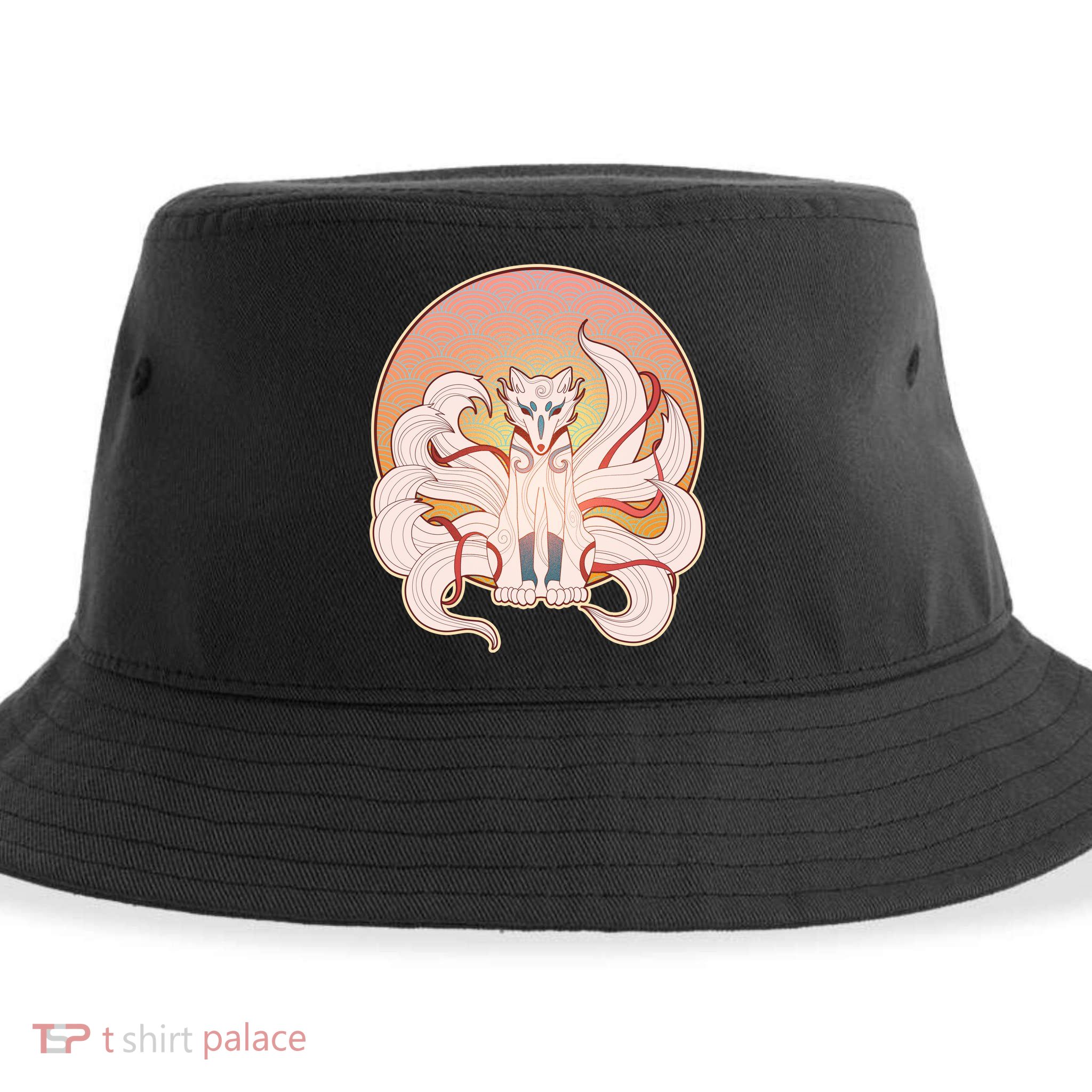 Japanese Nine Tails Kitsune Fox Emblem Pattern Sustainable Bucket Hat