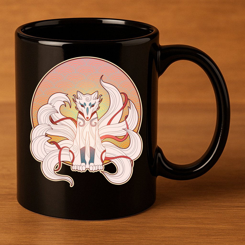 Japanese Nine Tails Kitsune Fox Emblem Pattern 11oz C Handle Ceramic Mug
