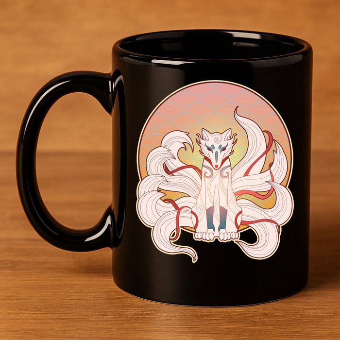 Japanese Nine Tails Kitsune Fox Emblem Pattern 11oz C Handle Ceramic Mug