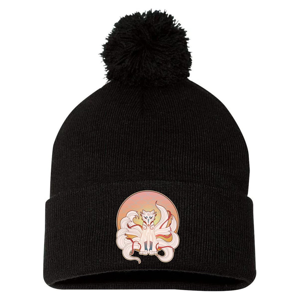 Japanese Nine Tails Kitsune Fox Emblem Pattern Pom Pom 12in Knit Beanie