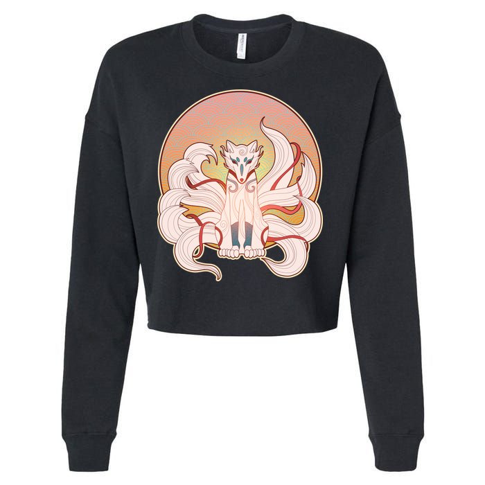 Japanese Nine Tails Kitsune Fox Emblem Pattern Cropped Pullover Crew