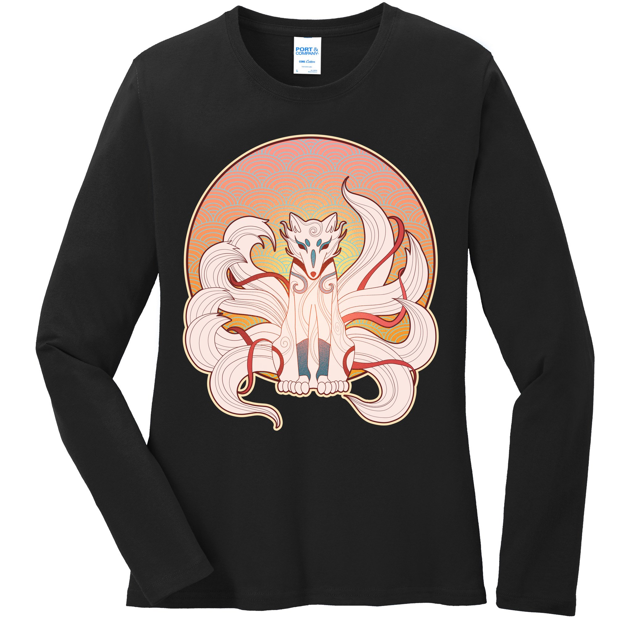Japanese Nine Tails Kitsune Fox Emblem Pattern Ladies Long Sleeve Shirt