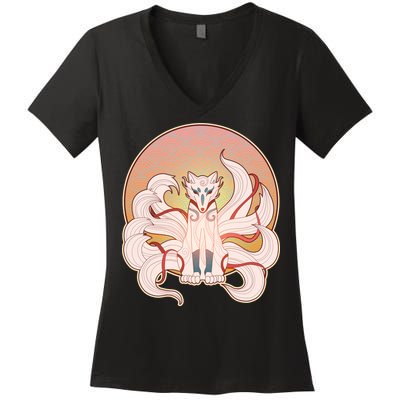 Japanese Nine Tails Kitsune Fox Emblem Pattern Women's V-Neck T-Shirt