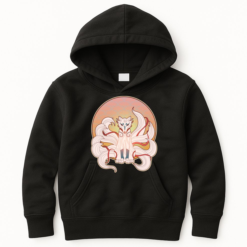 Japanese Nine Tails Kitsune Fox Emblem Pattern Kids Hoodie