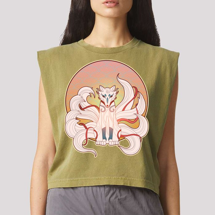 Japanese Nine Tails Kitsune Fox Emblem Pattern Garment-Dyed Women's Muscle Tee