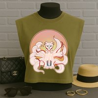 Japanese Nine Tails Kitsune Fox Emblem Pattern Garment-Dyed Women's Muscle Tee