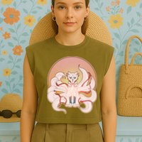 Japanese Nine Tails Kitsune Fox Emblem Pattern Garment-Dyed Women's Muscle Tee