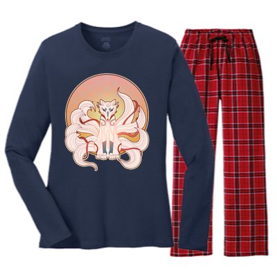 Japanese Nine Tails Kitsune Fox Emblem Pattern Women's Long Sleeve Flannel Pajama Set 