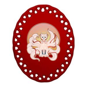 Japanese Nine Tails Kitsune Fox Emblem Pattern Ceramic Oval Ornament