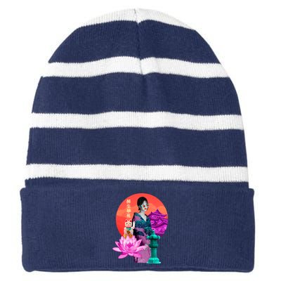 Japanese Photo Temple Striped Beanie with Solid Band