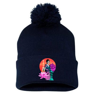 Japanese Photo Temple Pom Pom 12in Knit Beanie