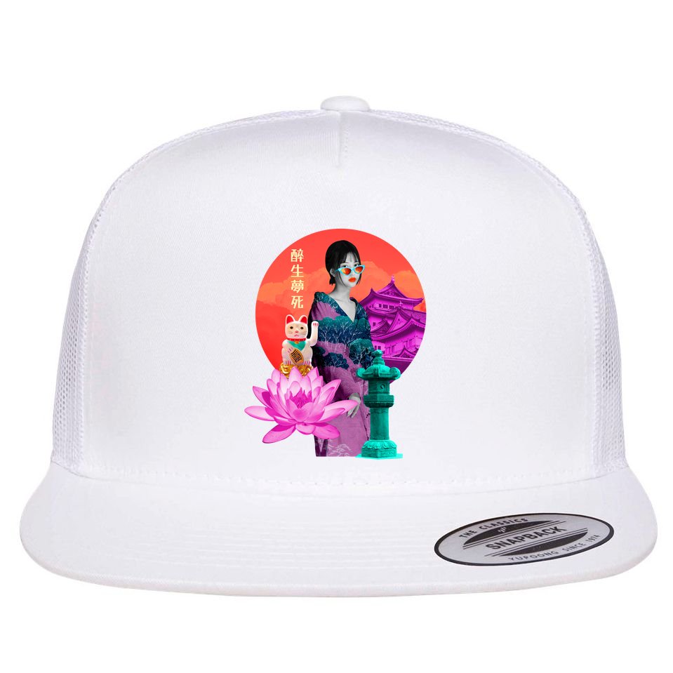 Japanese Photo Temple Flat Bill Trucker Hat