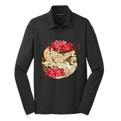 Japanese Spider Lily Watercolor Silk Touch Performance Long Sleeve Polo