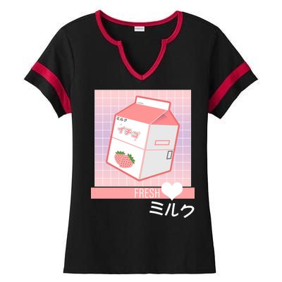 Japanese Vaporwave Strawberry Milk Box Ladies Halftime Notch Neck Tee