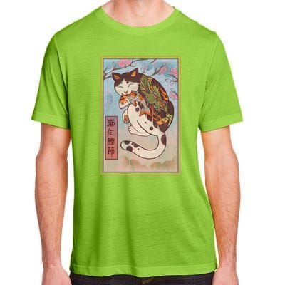 Japanese Woodblock Painting Tattooed Cat with Koi Adult ChromaSoft Performance T-Shirt