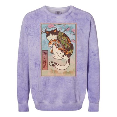 Japanese Woodblock Painting Tattooed Cat with Koi Colorblast Crewneck Sweatshirt