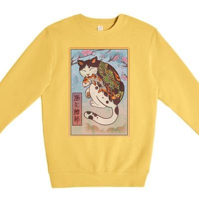 Japanese Woodblock Painting Tattooed Cat with Koi Premium Crewneck Sweatshirt