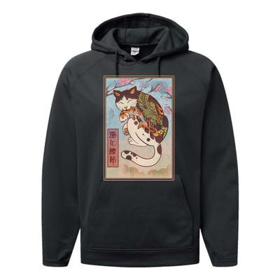 Japanese Woodblock Painting Tattooed Cat with Koi Performance Fleece Hoodie