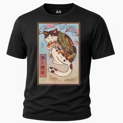 Japanese Woodblock Painting Tattooed Cat with Koi Cooling Performance Crew T-Shirt