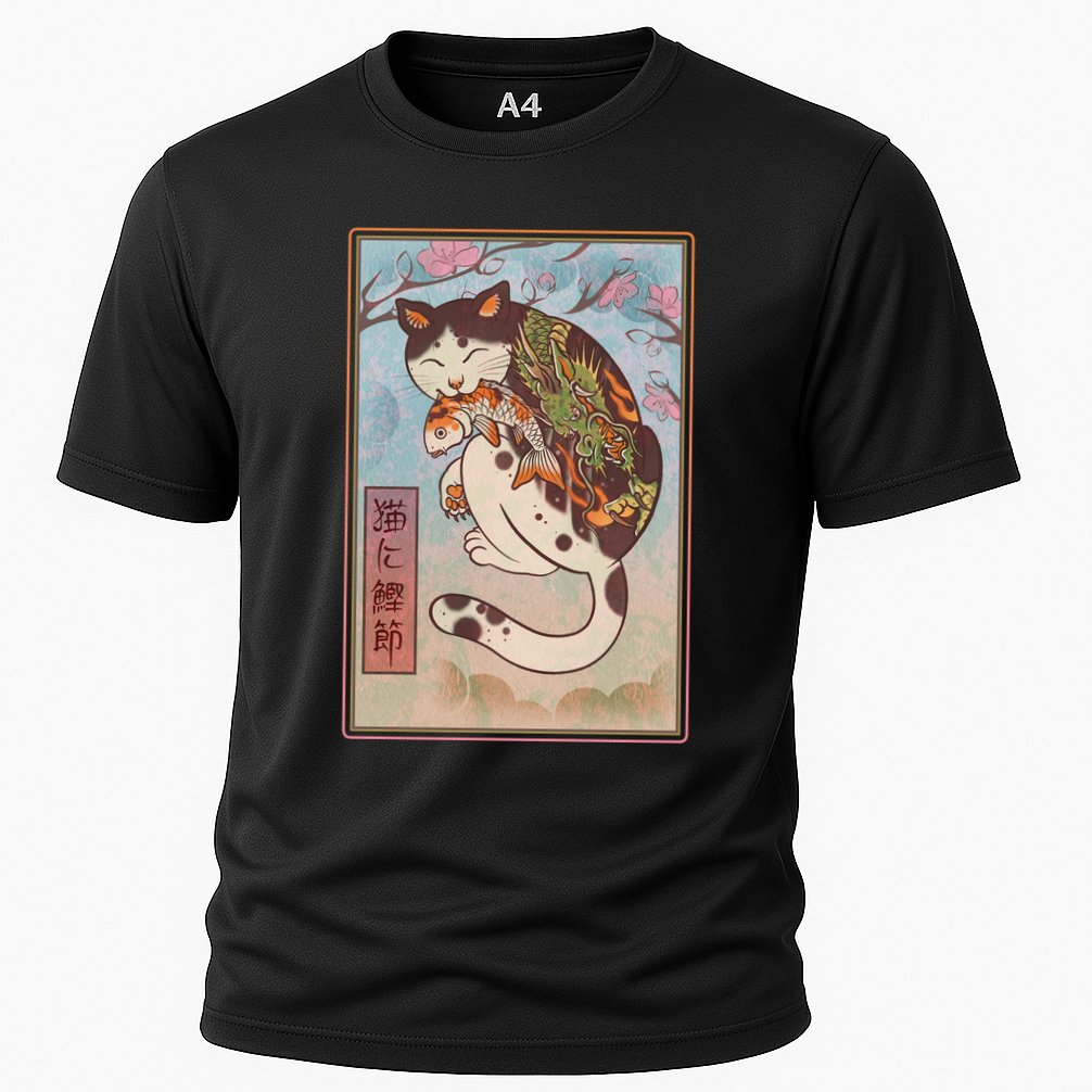 Japanese Woodblock Painting Tattooed Cat with Koi Cooling Performance Crew T-Shirt