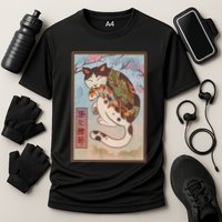 Japanese Woodblock Painting Tattooed Cat with Koi Cooling Performance Crew T-Shirt